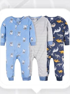 Gerber Boys 3-Pack Blue Gray Navy Animal and Stripe Footless Pajama Set